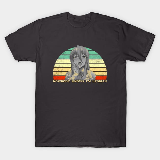 Nobody Knows I'm A Lesbian - Lesbian Anime Pun - Retro Sunset T-Shirt by clvndesign